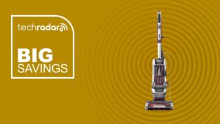The Shark Stratos Upright Vacuum Cleaner on a yellow background next to text saying Big savings.
