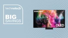 Samsung S95C OLED TV on blue background with big savings text overlay
